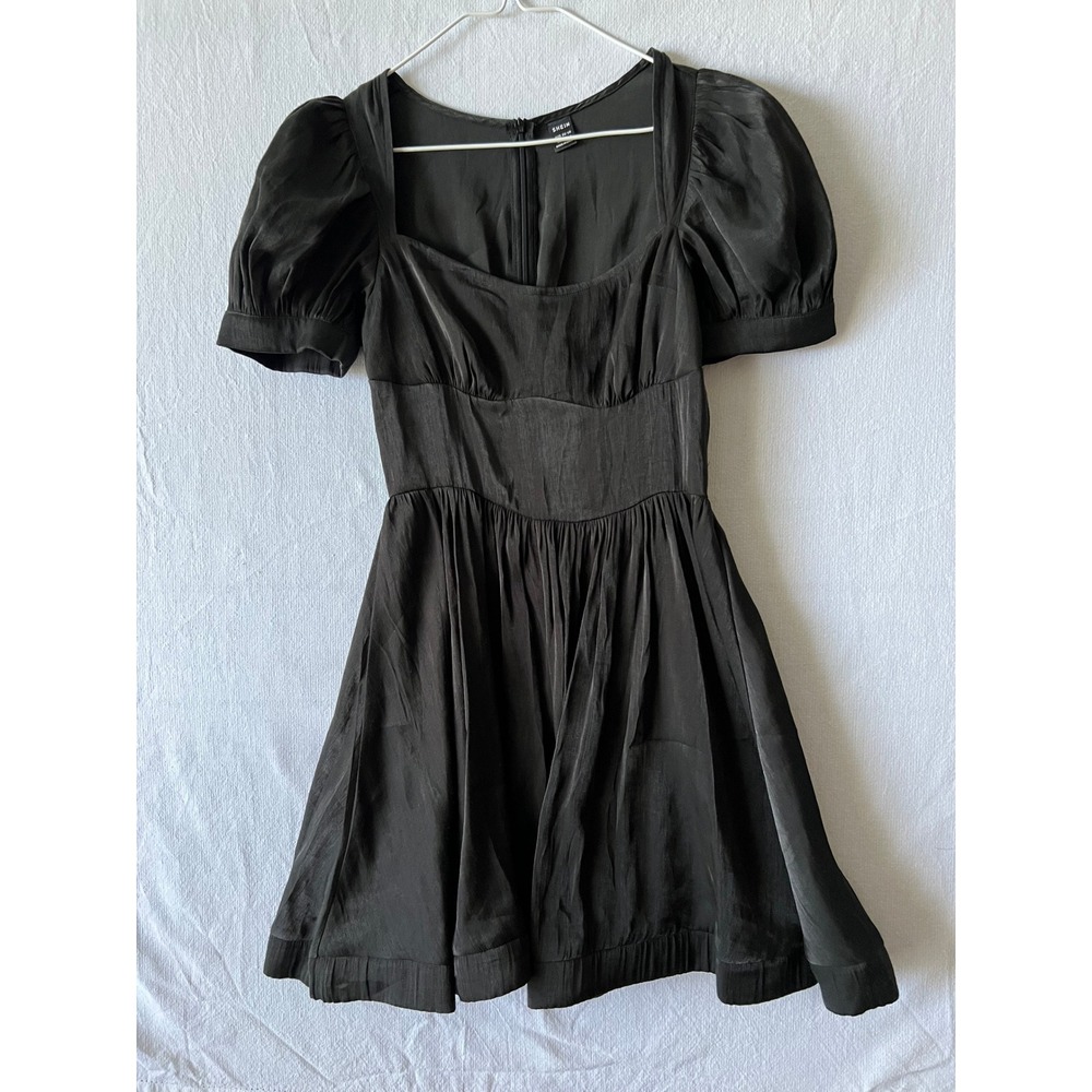Shein Black Puff Sleeve Mini Flare Dress Satin Texture XS 2 WHIMSGOTH BABYDOLL